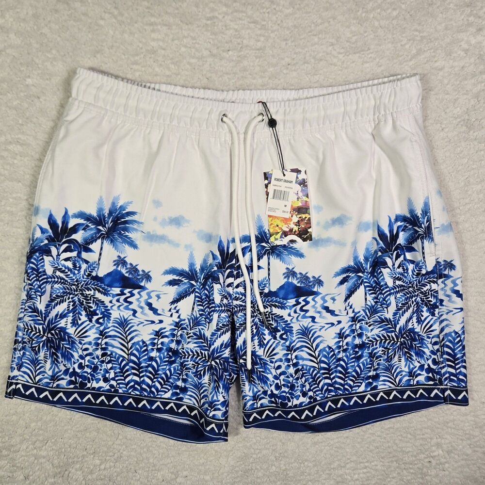 Robert Graham Swim Trunks Mens Medium 5" Inseam Blue Palm Trees Lined Shorts M